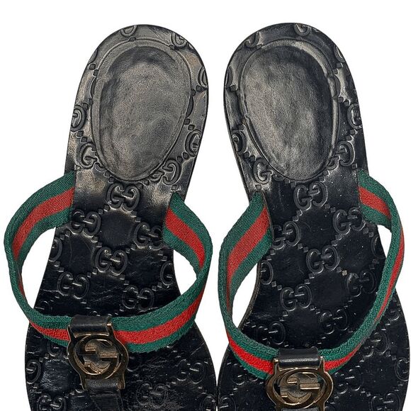 Gucci GG Web Stripe Thong Sandals EU 37.5 US 7.5 Black Flip Flop Slide Flat Heel - Picture 9 of 12